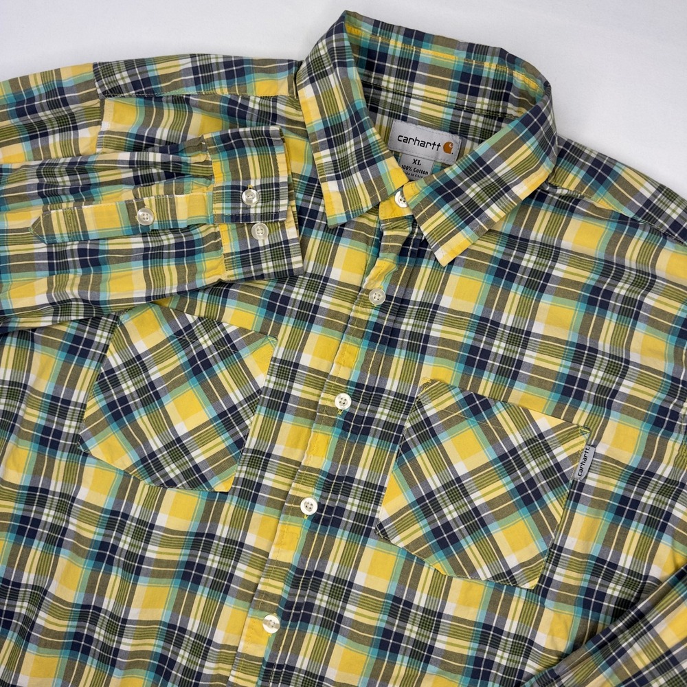 Carhartt Shirt Mens XL Long Sleeve Button Down Yellow Blue Plaid‎ SEE DESC